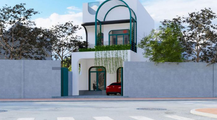 alt: Cổng vòm và tường thạch cao đặc trưng của phong cách Địa Trung Hải