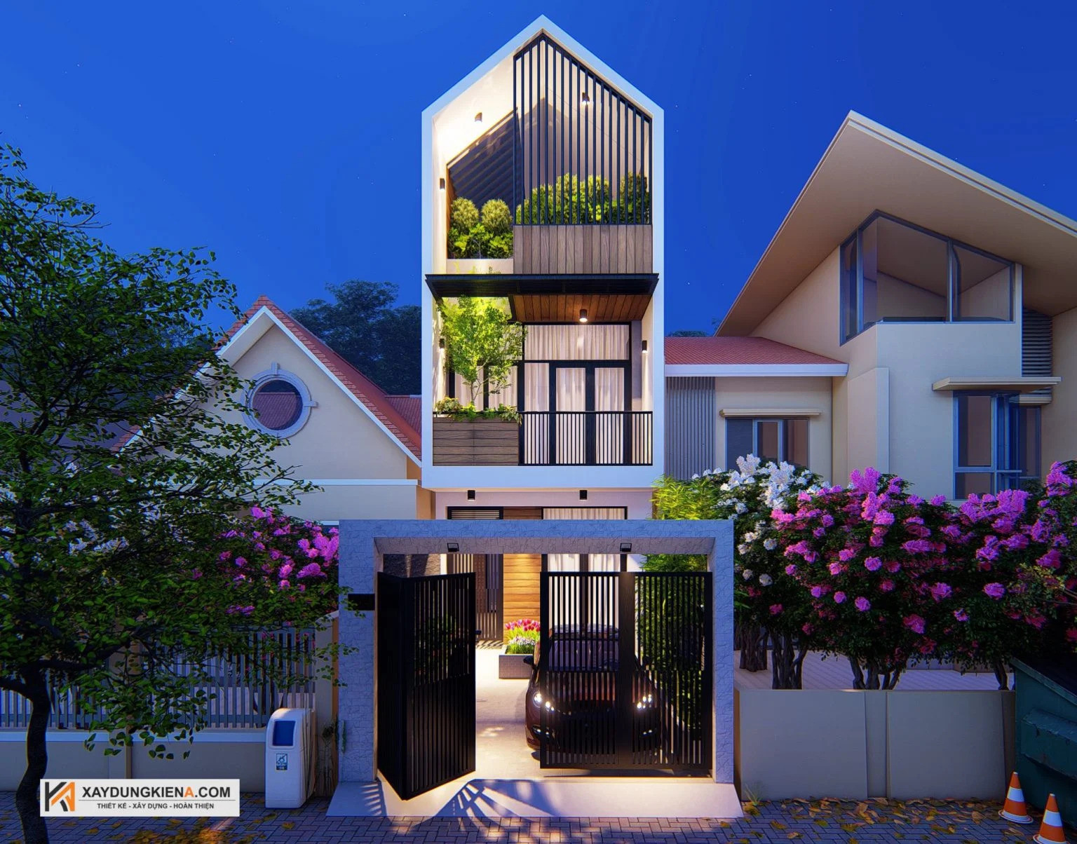 alt: Mẫu nhà 1 trệt 2 lầu mái tam giác hiện đại với ban công xanh mát