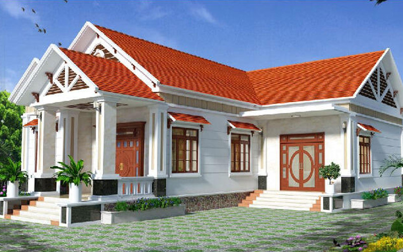 alt: Mẫu nhà cấp 4 chữ L với sân vườn rộng rãi