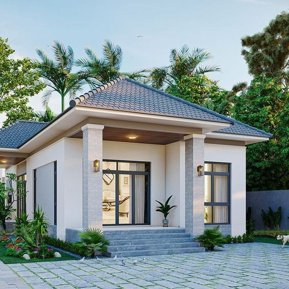 alt: Mẫu nhà vườn hiện đại với sự kết hợp hài hòa giữa không gian sống và sân vườn