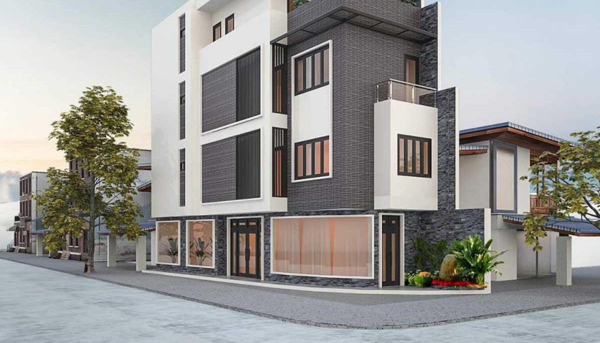 alt: Mẫu thiết kế nhà phố 2 mặt tiền hiện đại với gam màu trắng và nâu chủ đạo