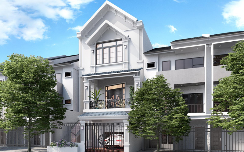 alt text: Biệt thự 3 tầng mái ngói xám, mang phong cách hiện đại, sang trọng