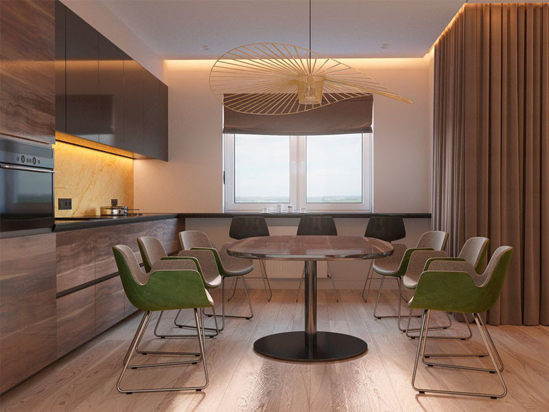 Bàn ăn liền kề bếp với đèn âm tường