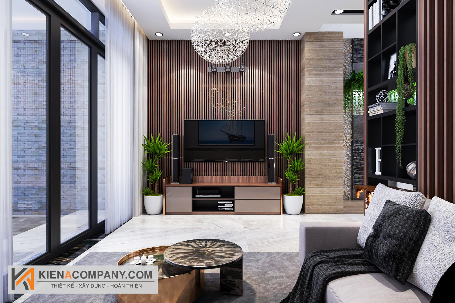 Nội thất phòng khách bếp với điểm nhấn màu đen