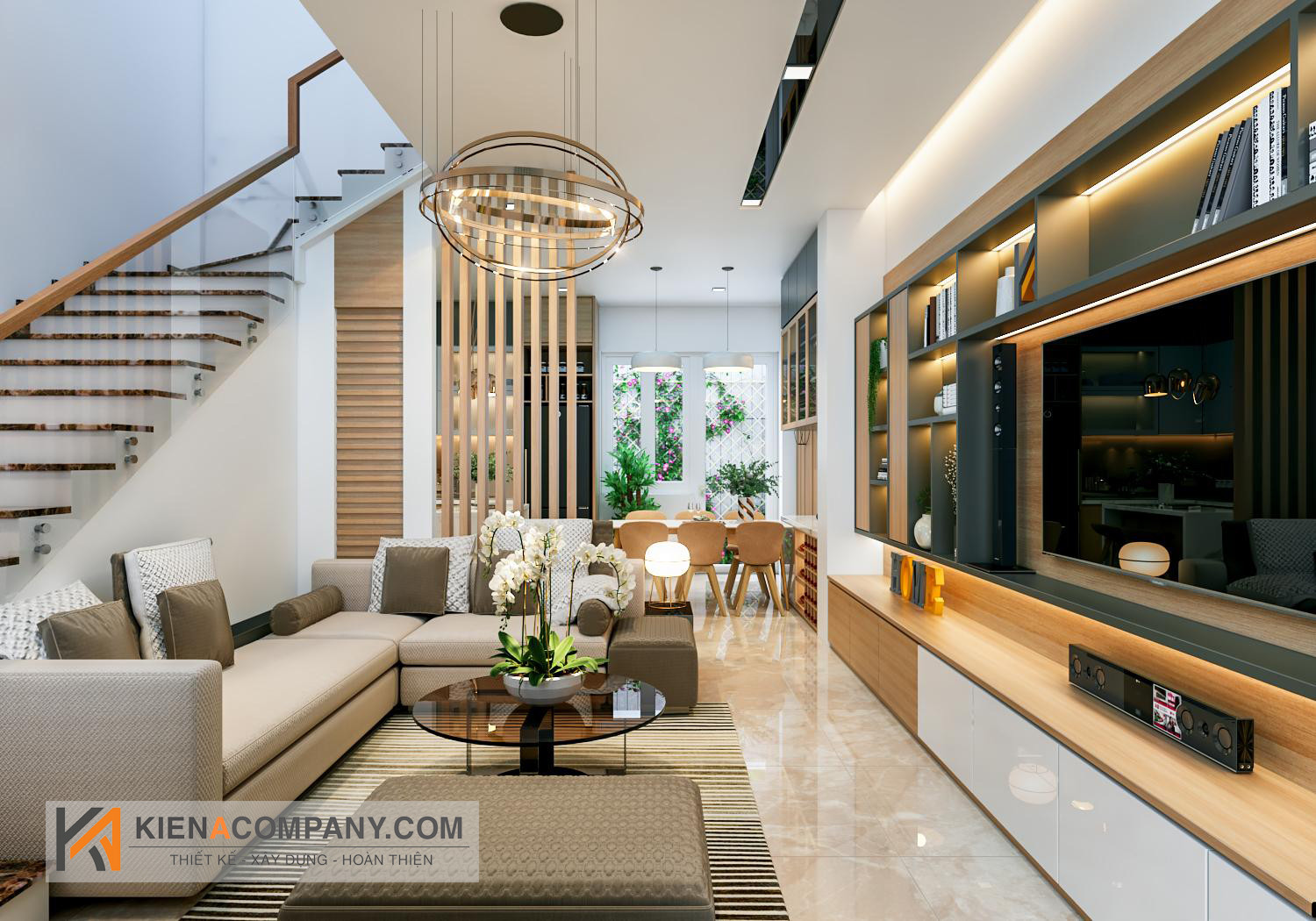 Phòng khách hiện đại với đèn chùm