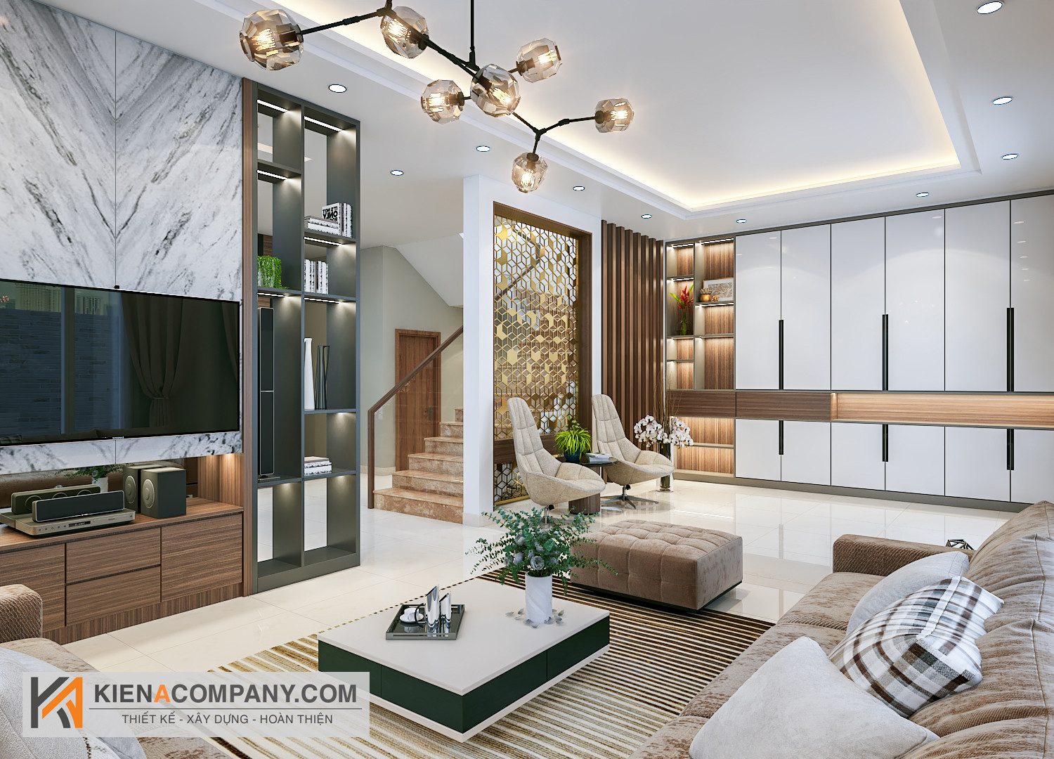 Phòng khách hiện đại với gam màu trung tính