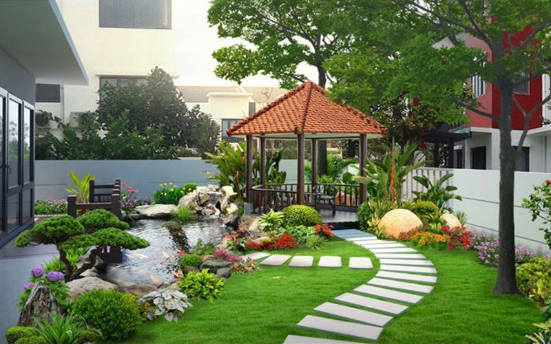 thiết kế vườn cảnh trong nhà ống